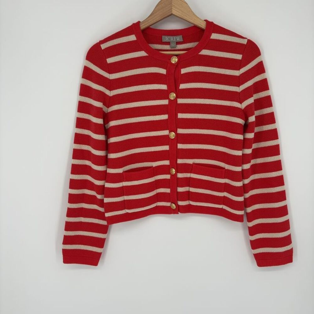 J. Crew Red and Cream Striped Cropped Cardigan